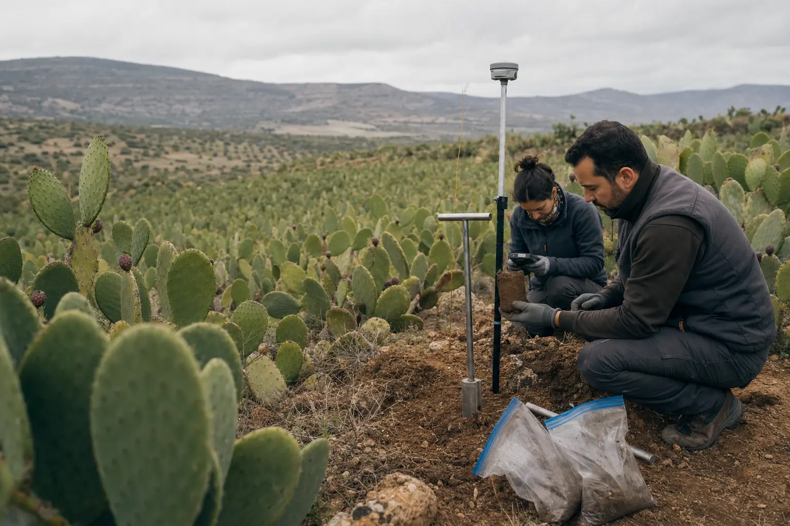 Opuntia sahasında toprak örneği alan iki teknik uzman
